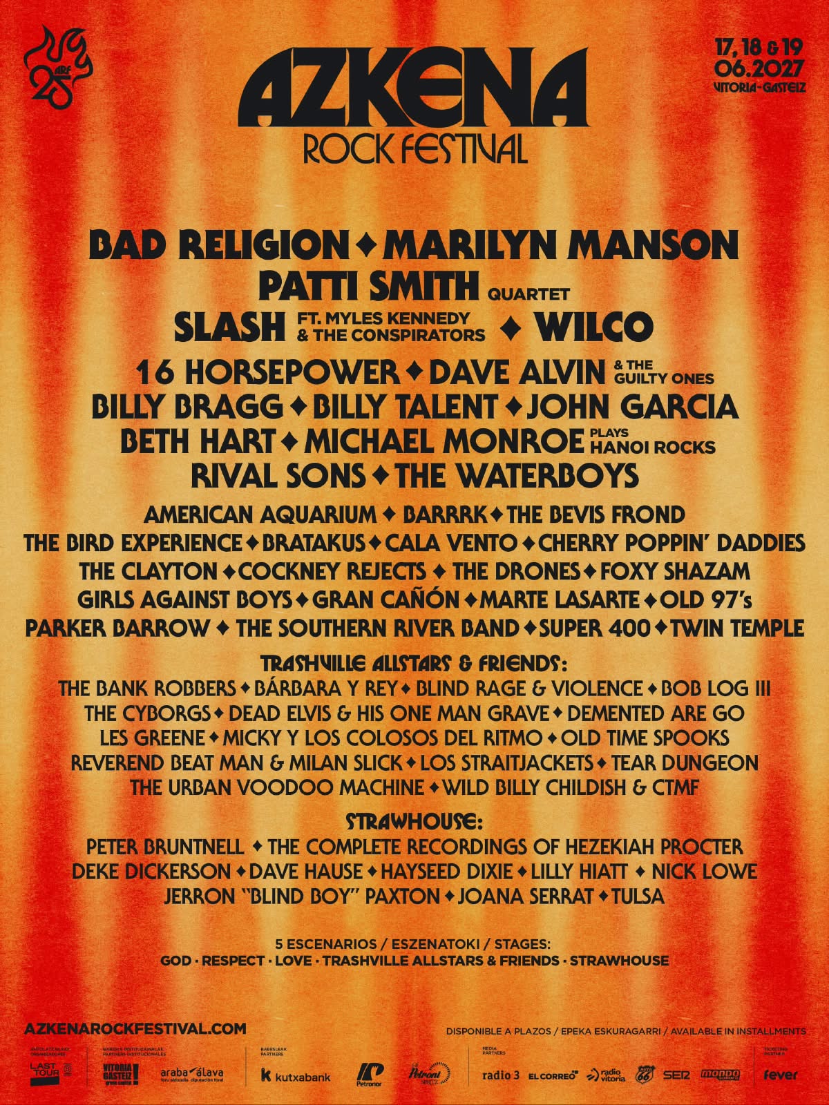 AZKENA ROCK FESTIVAL 2027 celebra 25 años con Patti Smith, Bad Religion, Slash, Marilyn Manson y Wilco