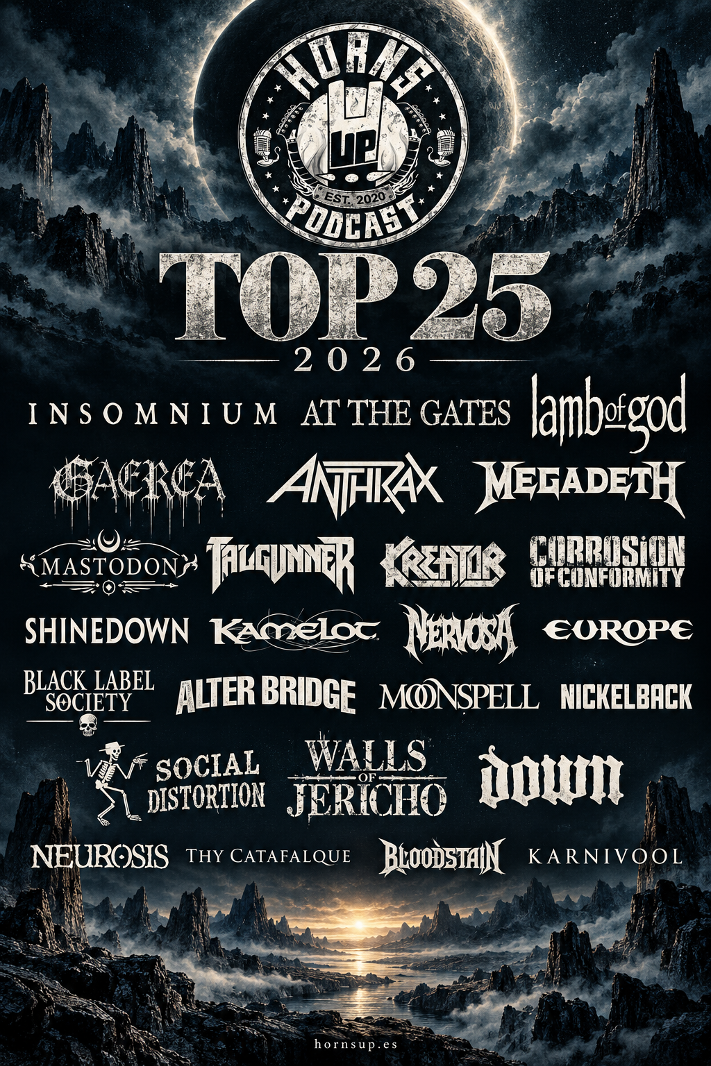 Cartel HÖRNS ÜP TOP 25 2026 con los 25 grupos seleccionados